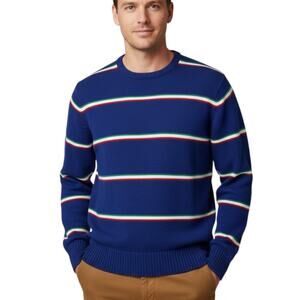 Vintage Boston Traders Mens Knit Sweater Striped Crew Neck Tight Knit Med Navy